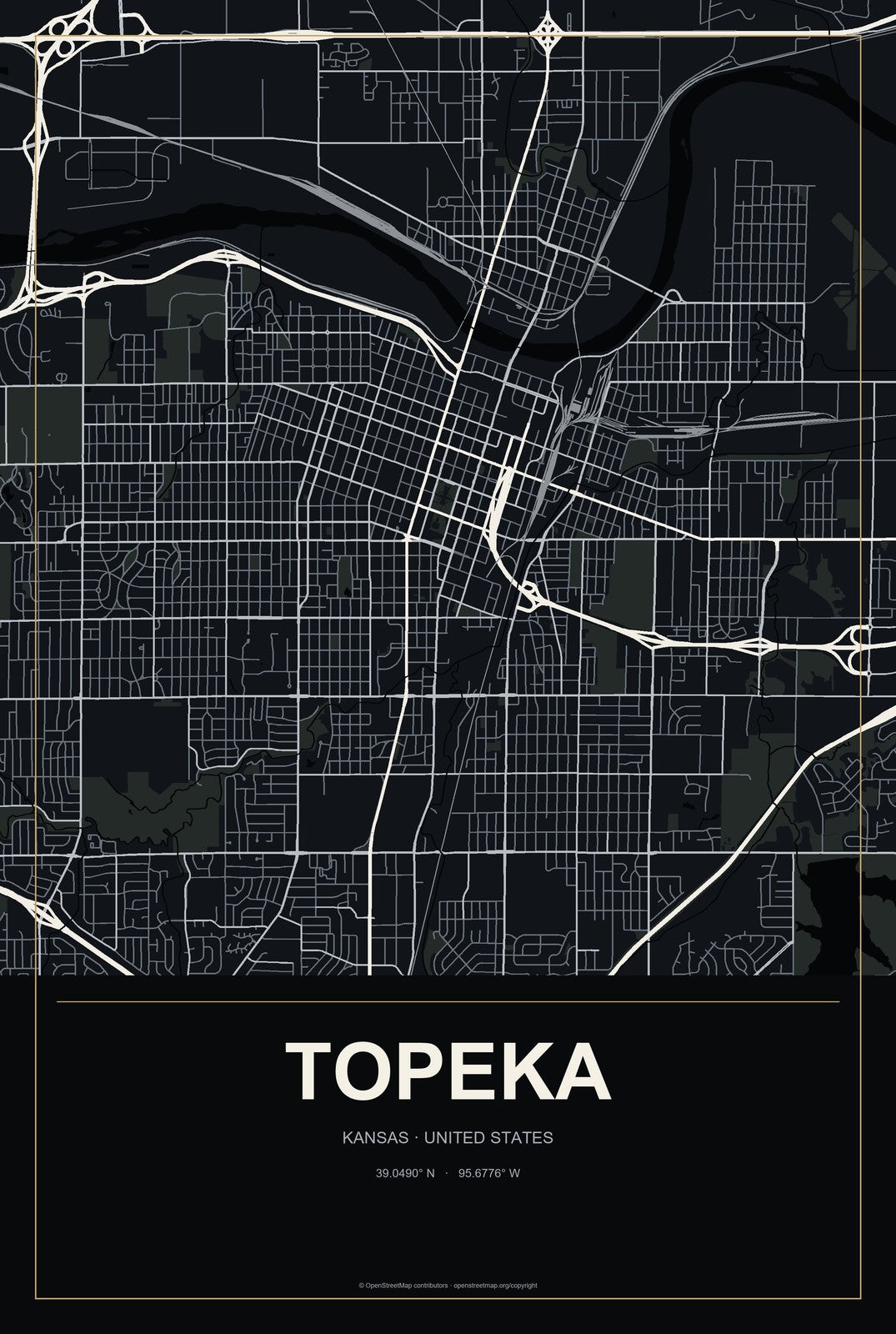 Topeka, Kansas City Map Aluminum Sign in Metropolitan Noir style