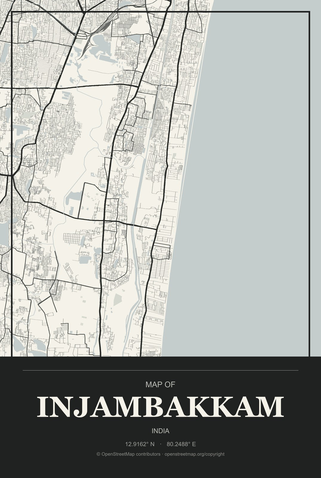 Injambakkam, India City Map Aluminum Sign in Museum Plaque style