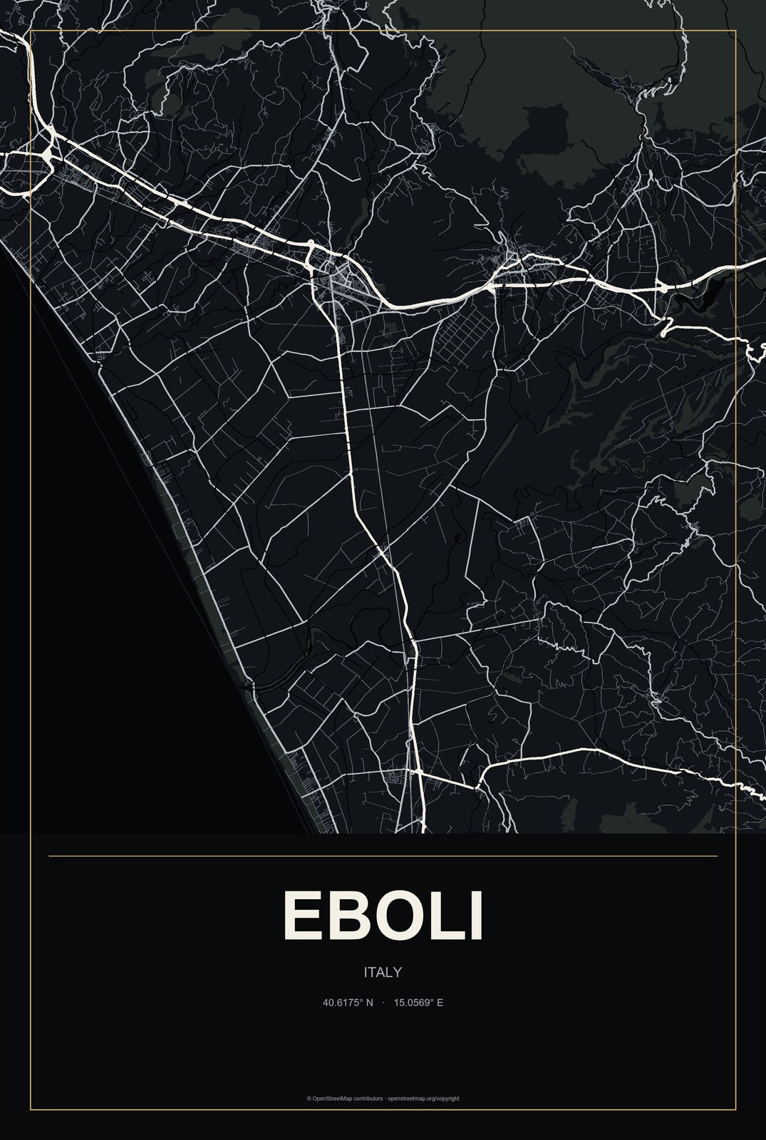 Eboli, Italy City Map Aluminum Sign in Metropolitan Noir style