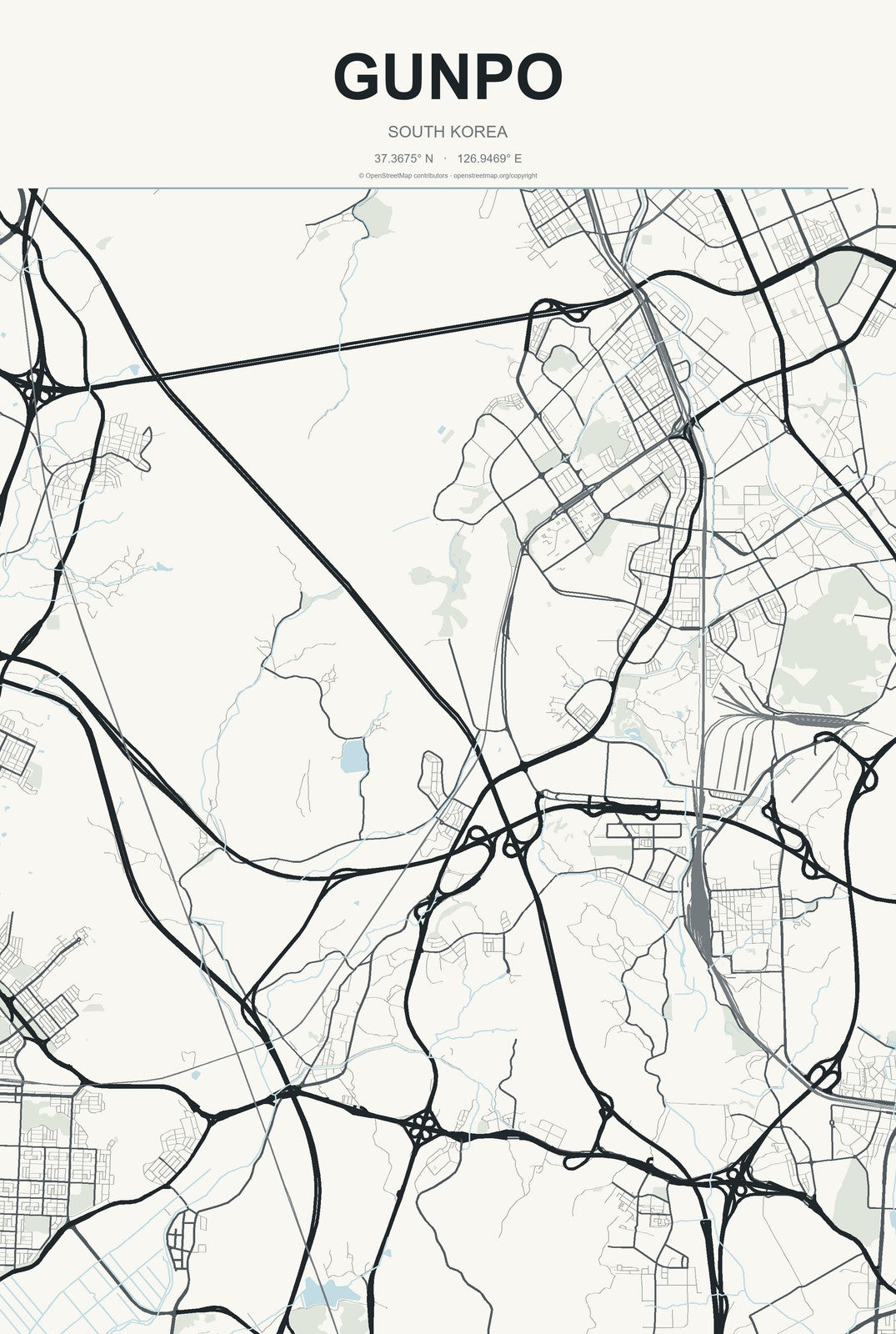 Gunpo, South Korea City Map Aluminum Sign in Headline Atlas style