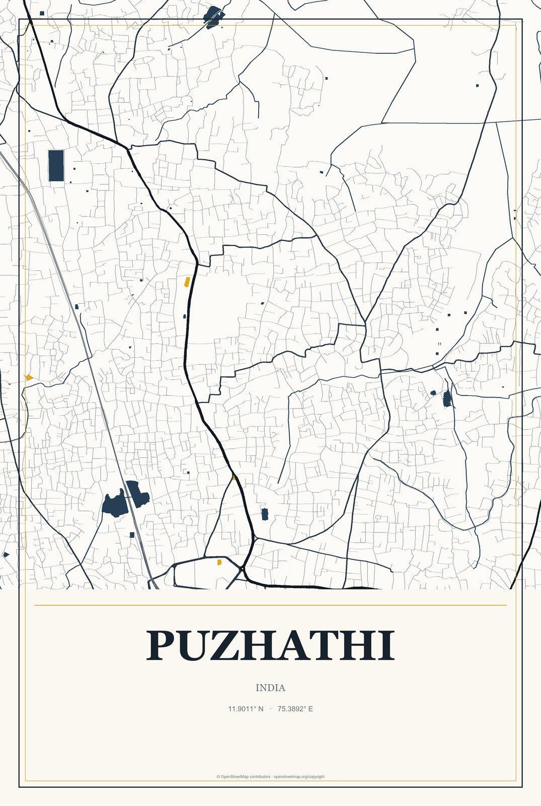 Puzhathi, India City Map Aluminum Sign in Citrine Modern style