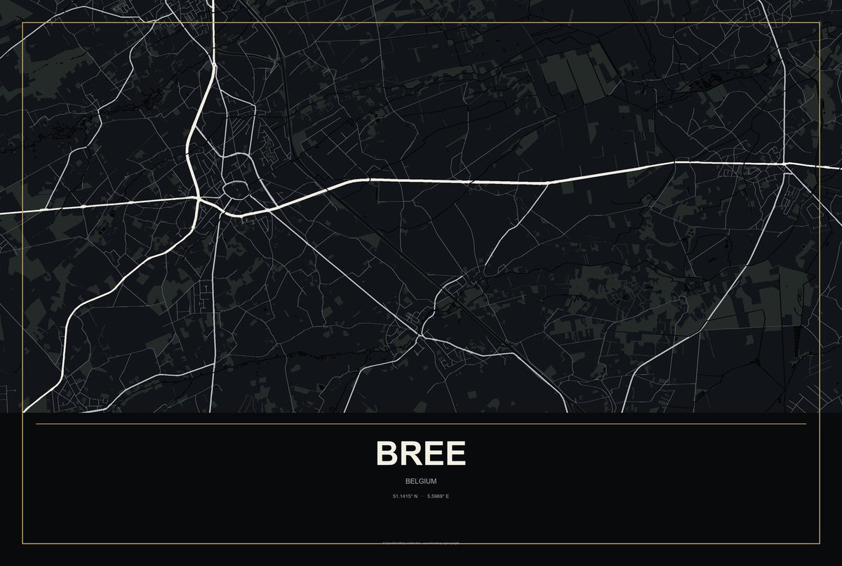 Bree, Belgium City Map Aluminum Sign in Metropolitan Noir style