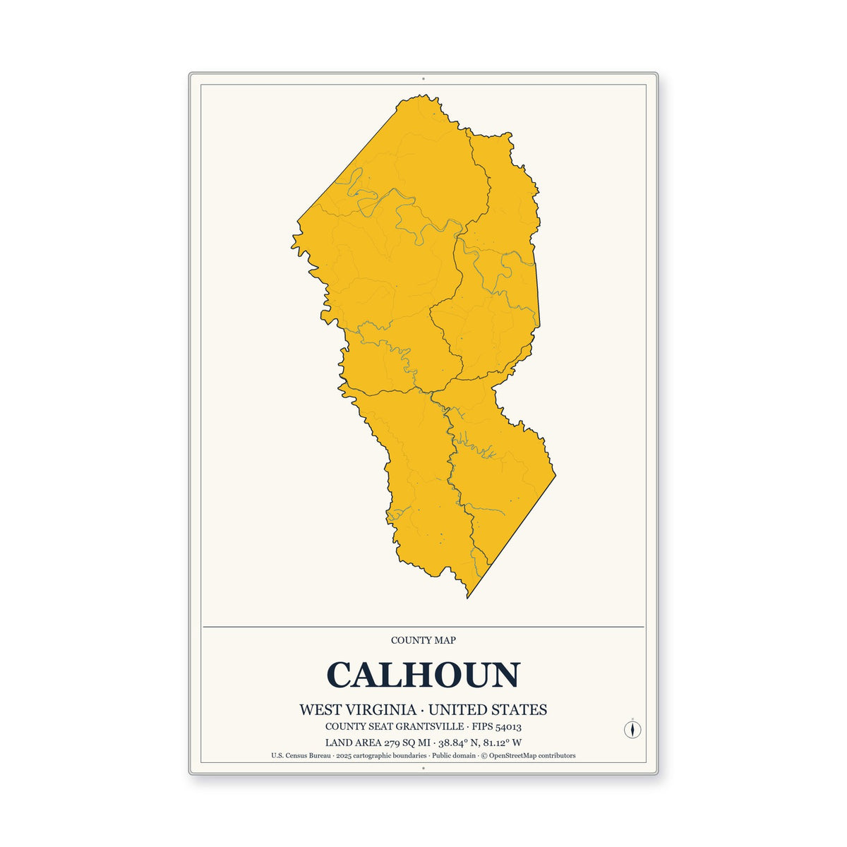 Calhoun County, West Virginia Map Aluminum Sign in Citrine Modern style
