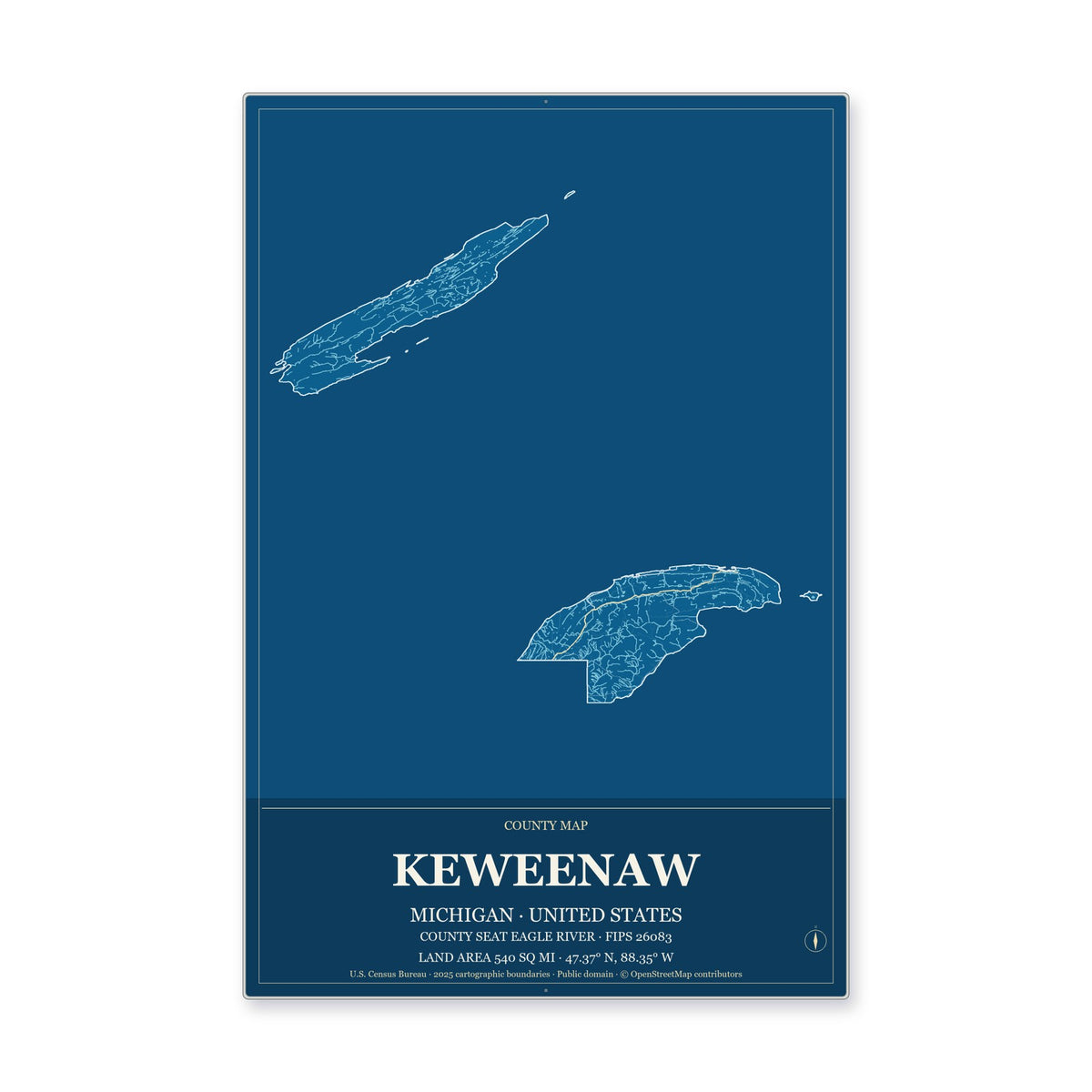 Keweenaw County, Michigan Map Aluminum Sign in Harbor Cobalt style