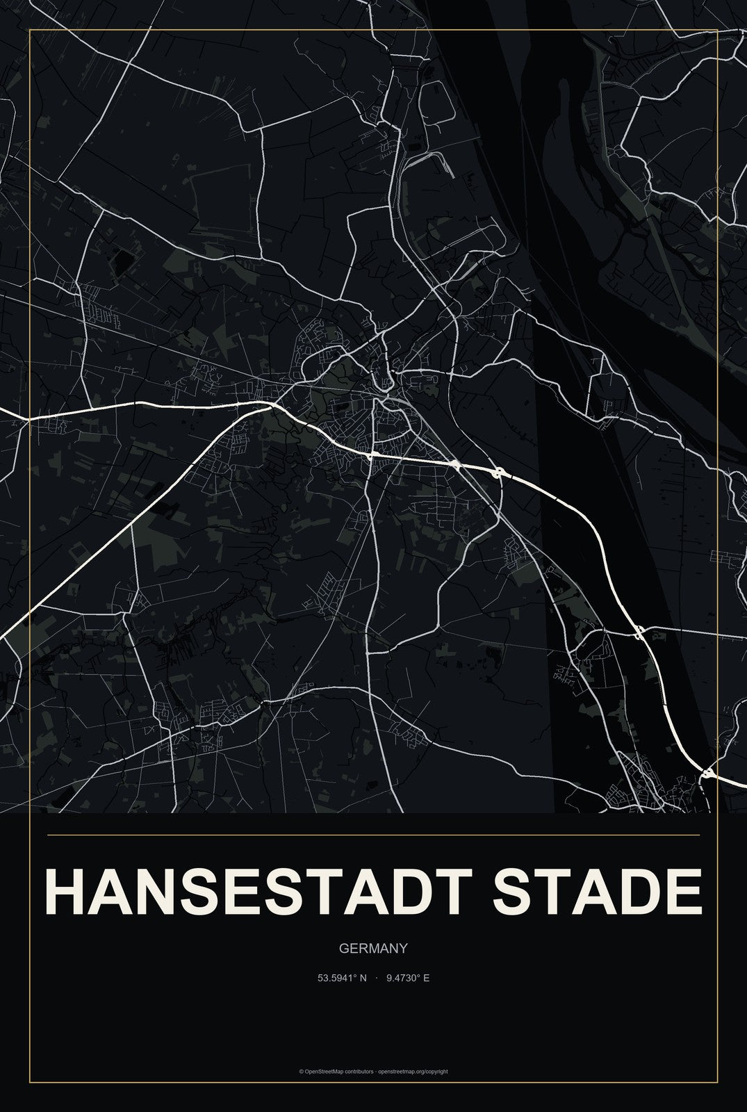 Hansestadt Stade, Germany City Map Aluminum Sign in Metropolitan Noir style