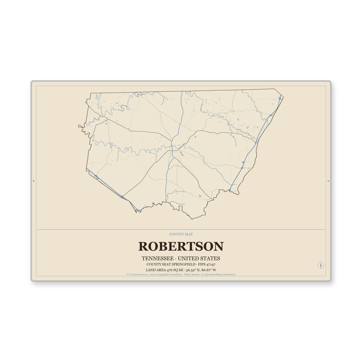 Robertson County, Tennessee Map Aluminum Sign in Heritage Nautical style