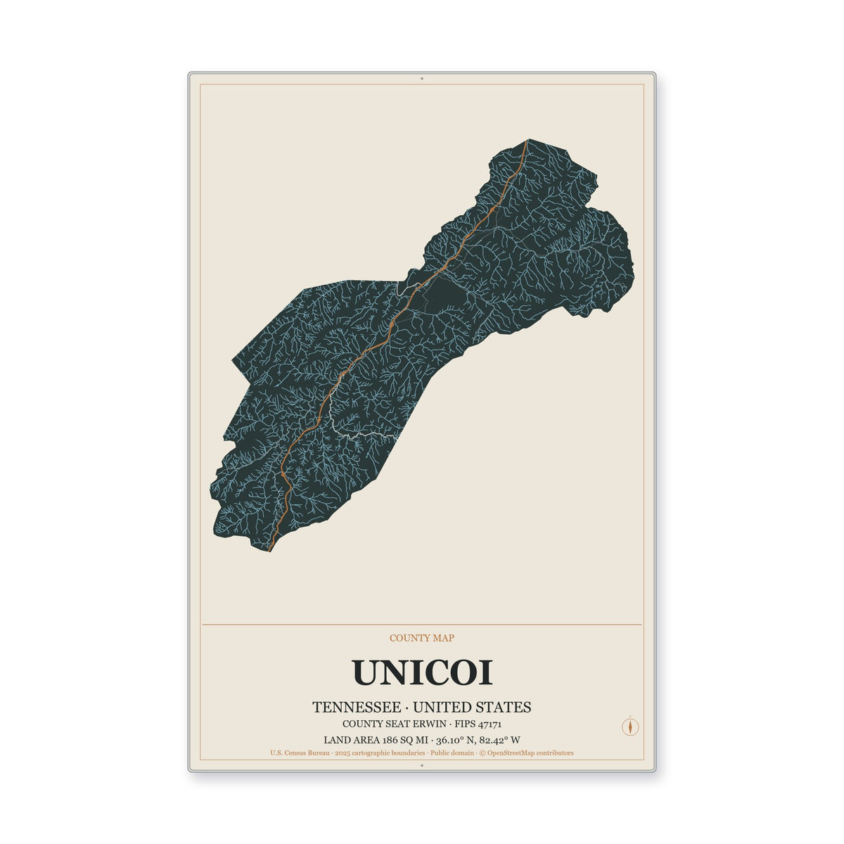 Unicoi County, Tennessee Map Aluminum Sign in Headline Atlas style