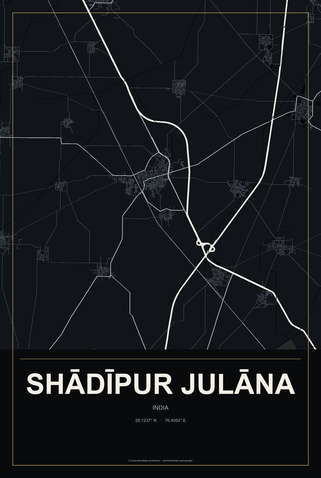 Shādīpur Julāna, India City Map Aluminum Sign in Metropolitan Noir style