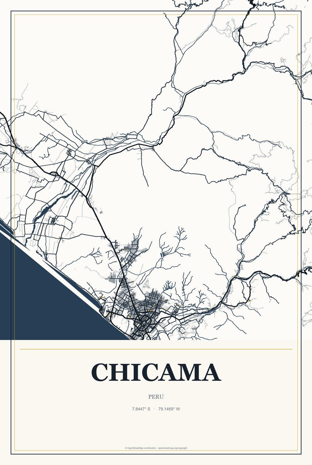 Chicama, Peru City Map Aluminum Sign in Citrine Modern style