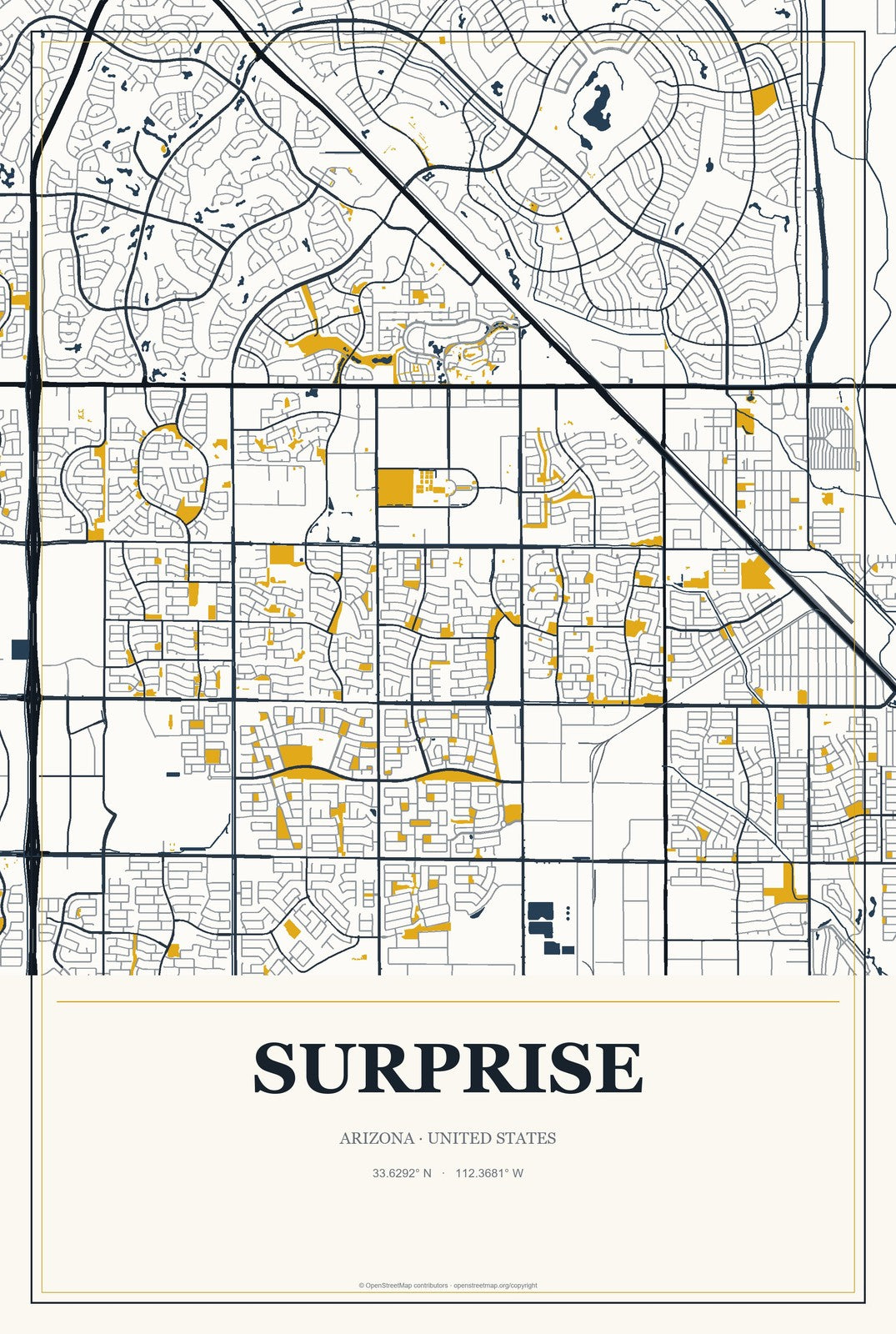Surprise, Arizona City Map Aluminum Sign in Citrine Modern style