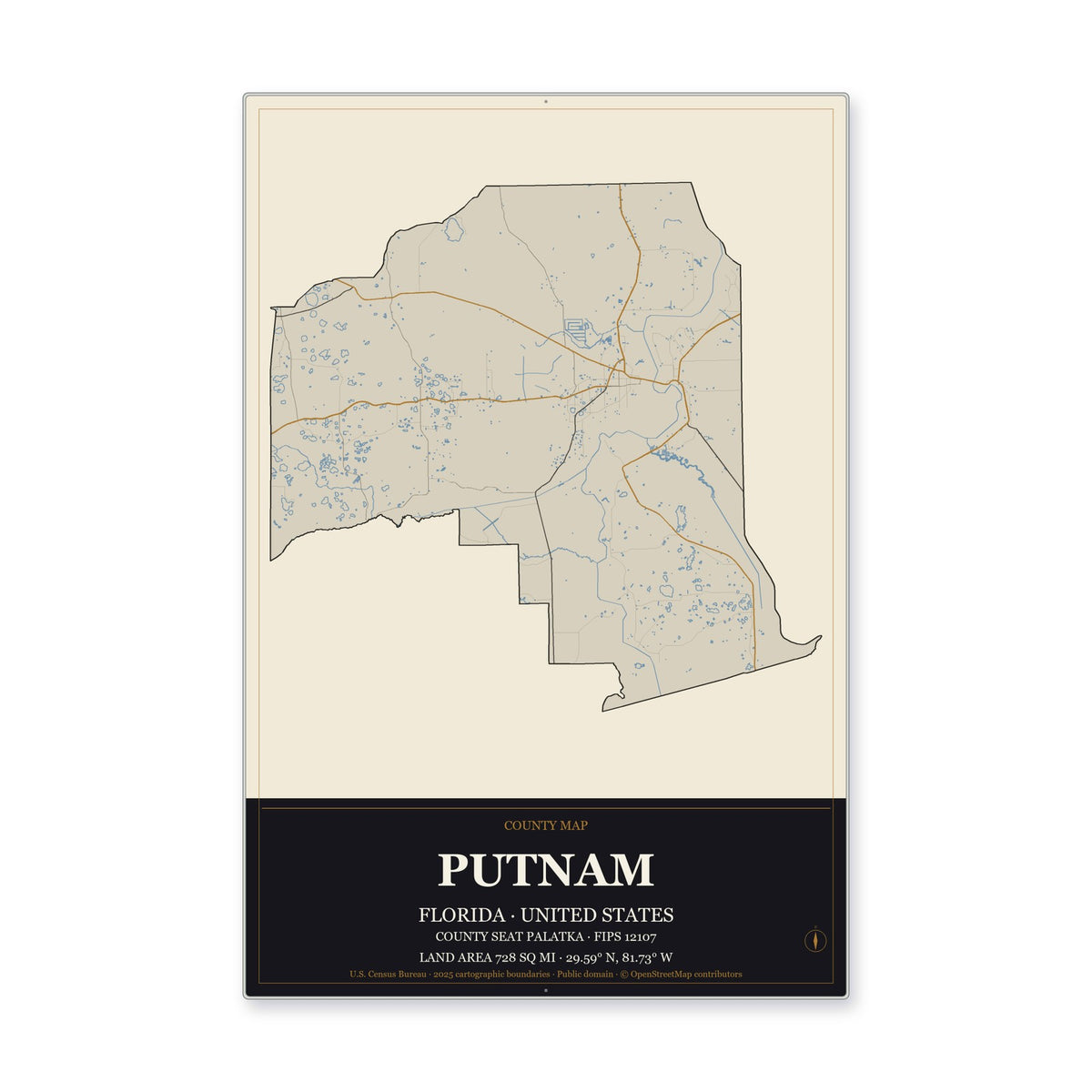 Putnam County, Florida Map Aluminum Sign in Museum Plaque style