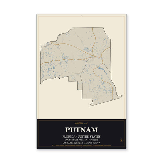 Putnam County, Florida Map Aluminum Sign in Museum Plaque style