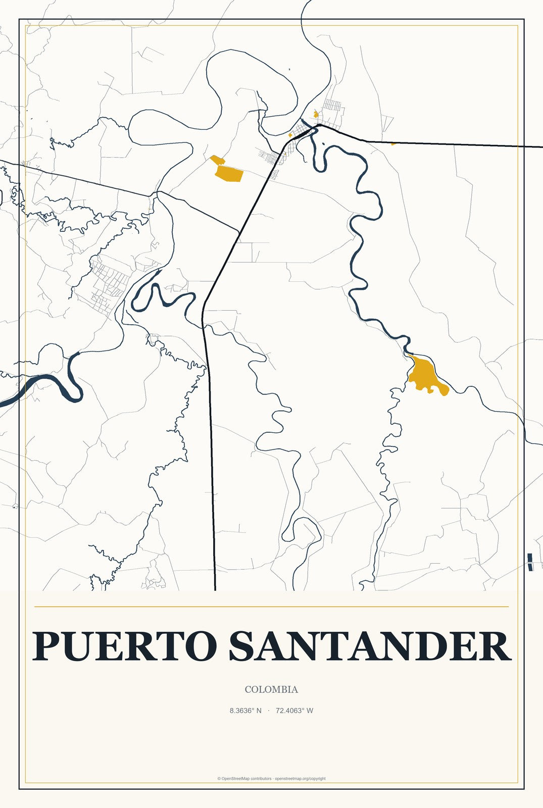 Puerto Santander, Colombia City Map Aluminum Sign in Citrine Modern style