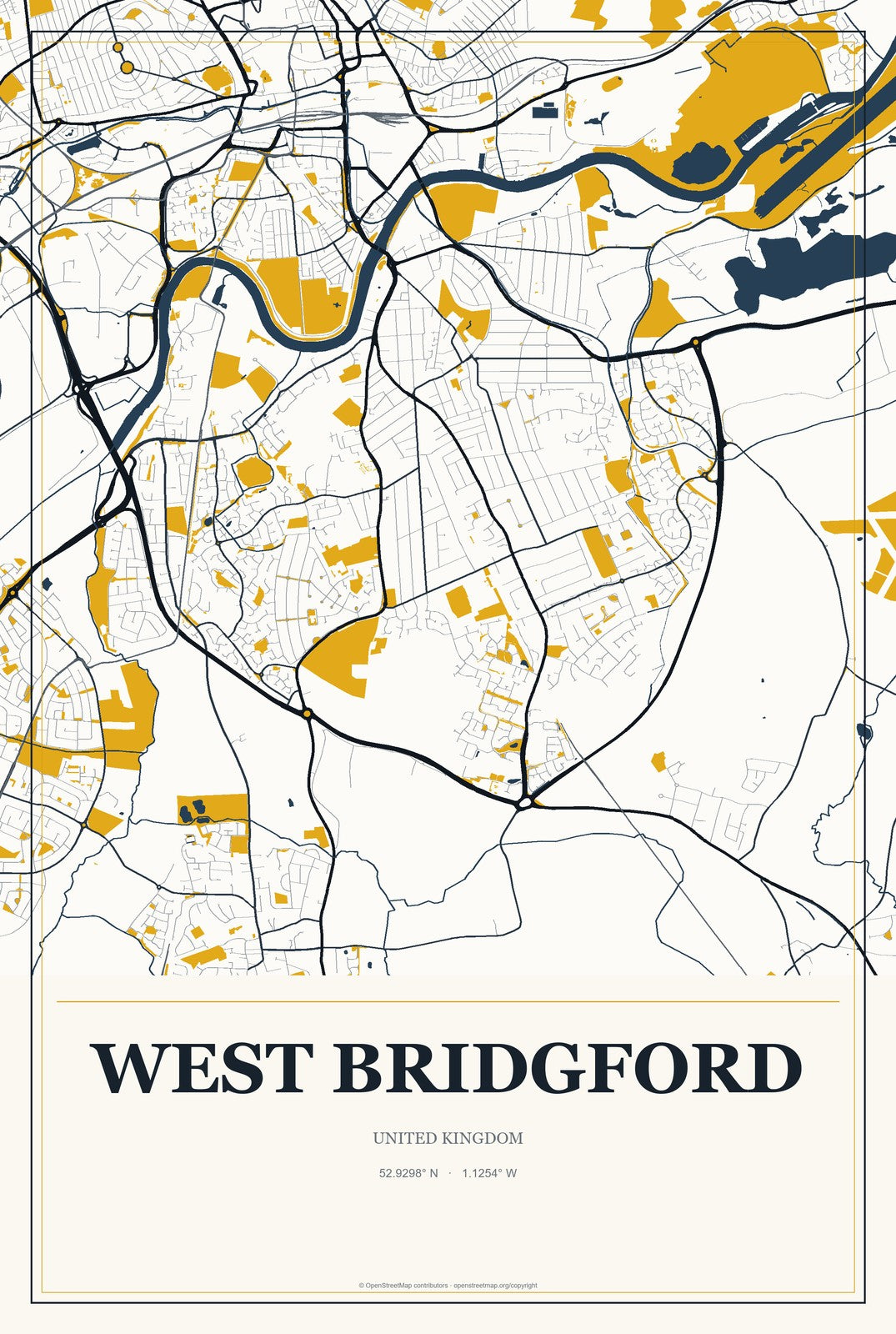 West Bridgford, United Kingdom City Map Aluminum Sign in Citrine Modern style