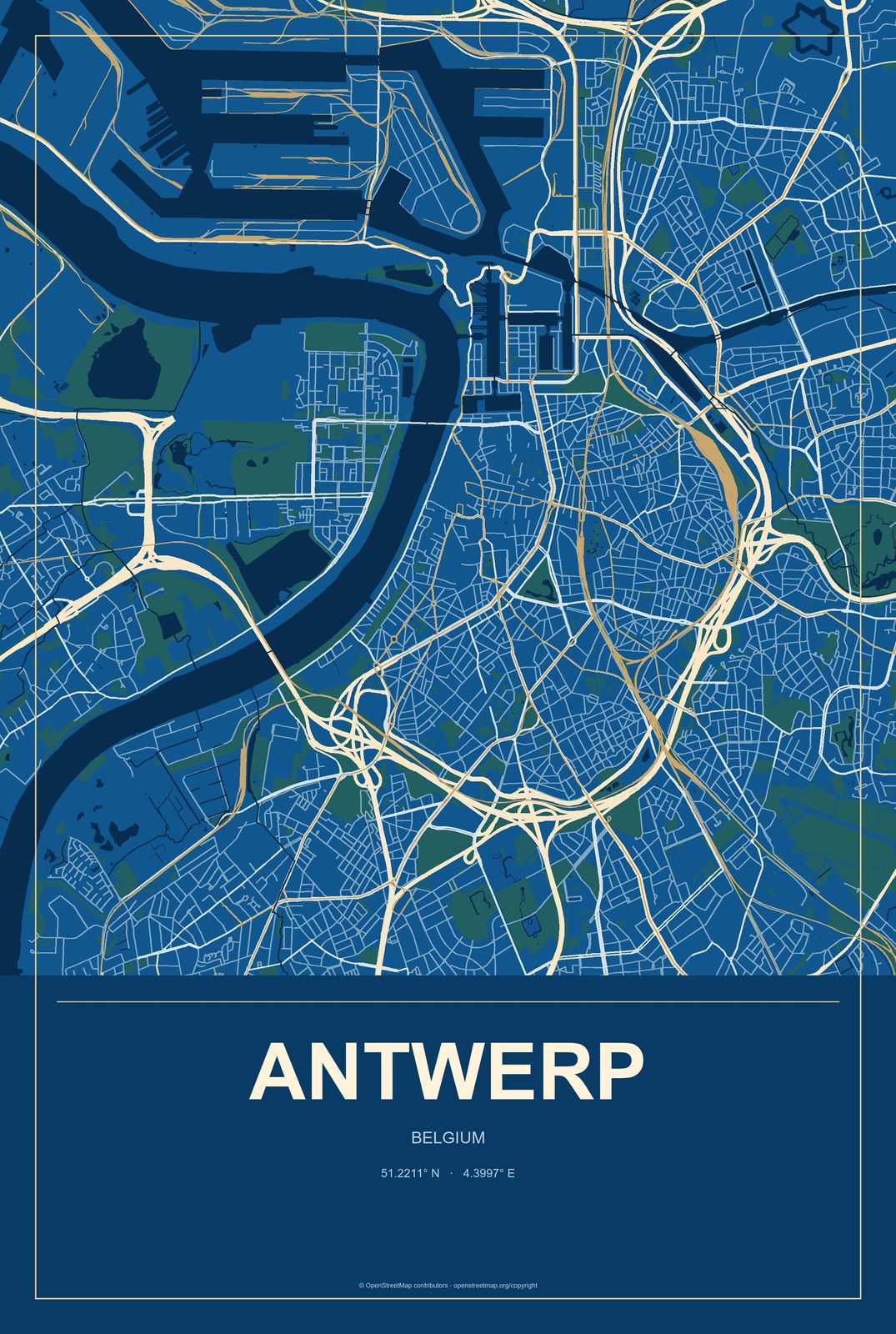 Antwerp, Belgium City Map Aluminum Sign in Harbor Cobalt style