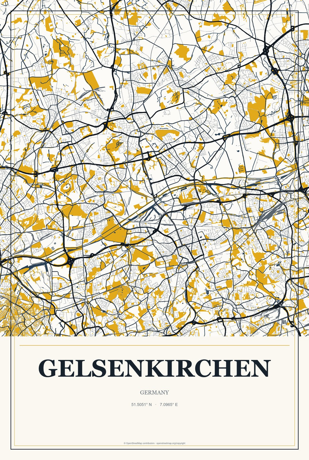 Gelsenkirchen, Germany City Map Aluminum Sign in Citrine Modern style