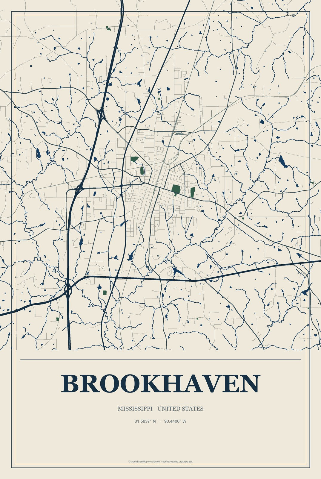 Brookhaven, Mississippi City Map Aluminum Sign in Coastal Cutout style