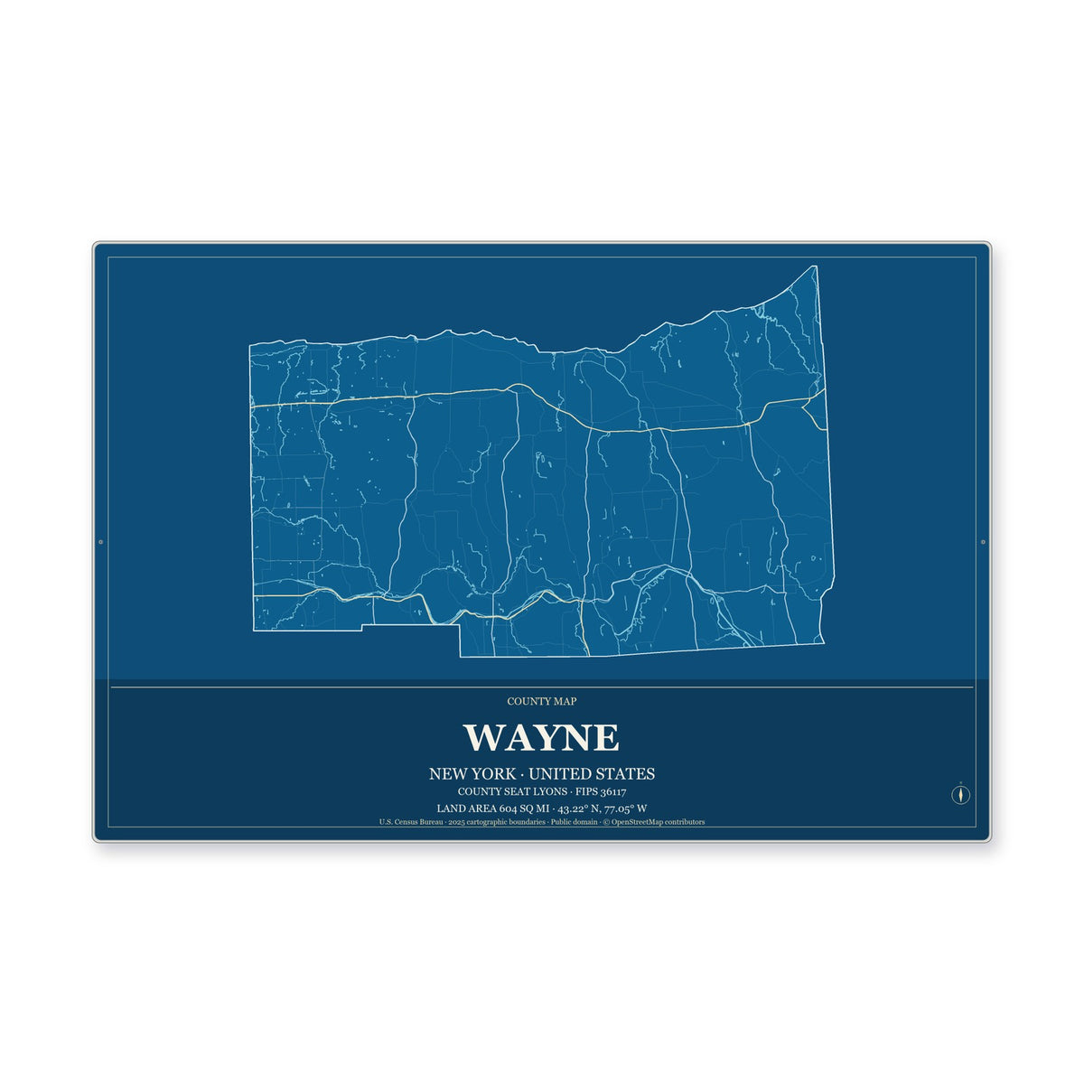 Wayne County, New York Map Aluminum Sign in Harbor Cobalt style