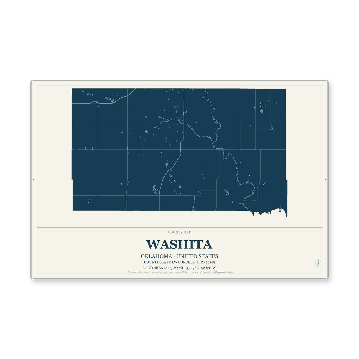 Washita County, Oklahoma Map Aluminum Sign in Coastal Cutout style