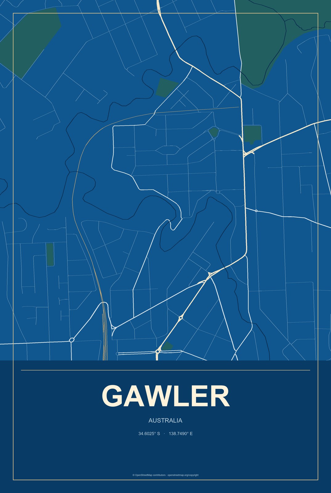 Gawler, Australia City Map Aluminum Sign in Harbor Cobalt style