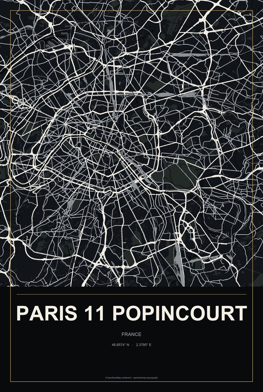 Paris 11 Popincourt, France City Map Aluminum Sign in Metropolitan Noir style
