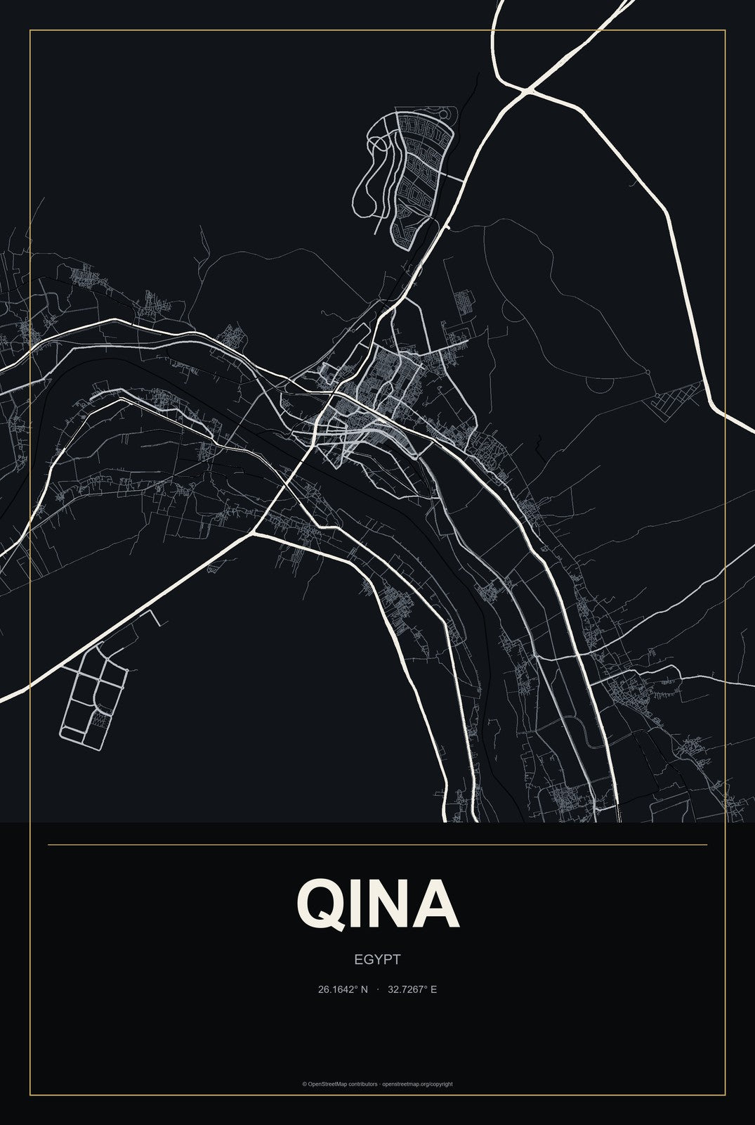 Qina, Egypt City Map Aluminum Sign in Metropolitan Noir style