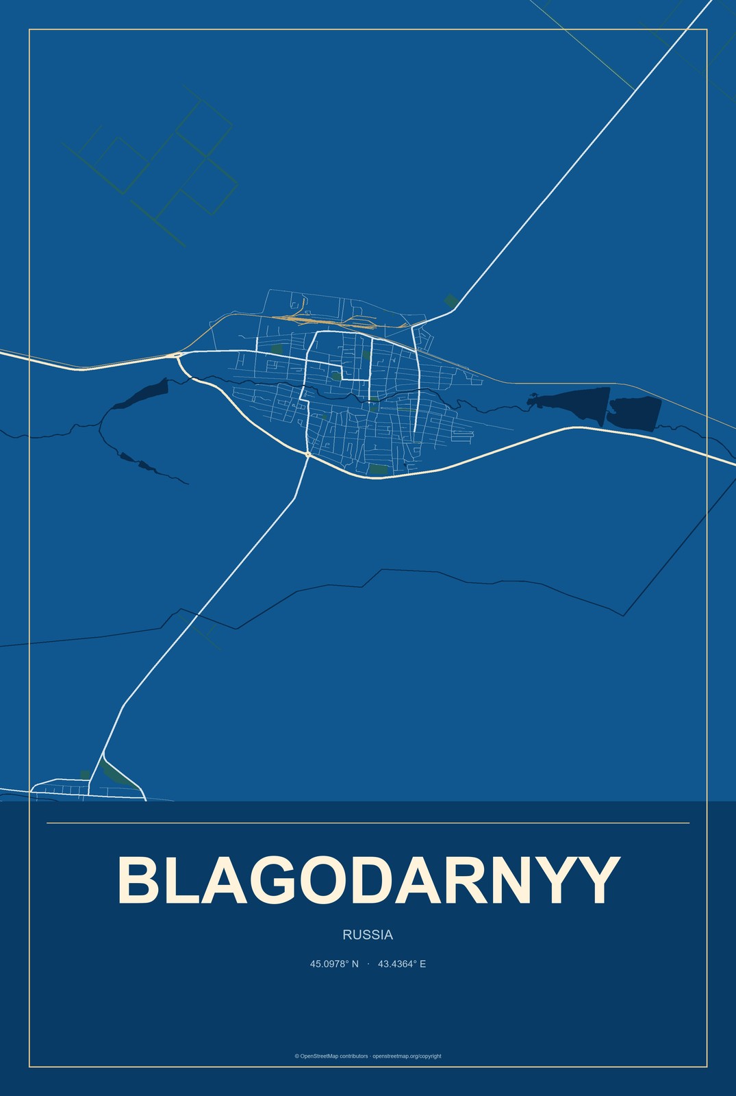 Blagodarnyy, Russia City Map Aluminum Sign in Harbor Cobalt style