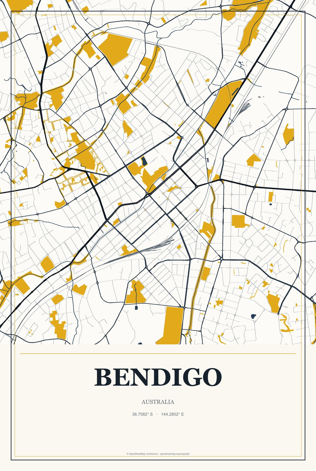 Bendigo, Australia City Map Aluminum Sign in Citrine Modern style