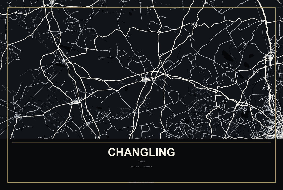 Changling, Jilin, China City Map Aluminum Sign in Metropolitan Noir style
