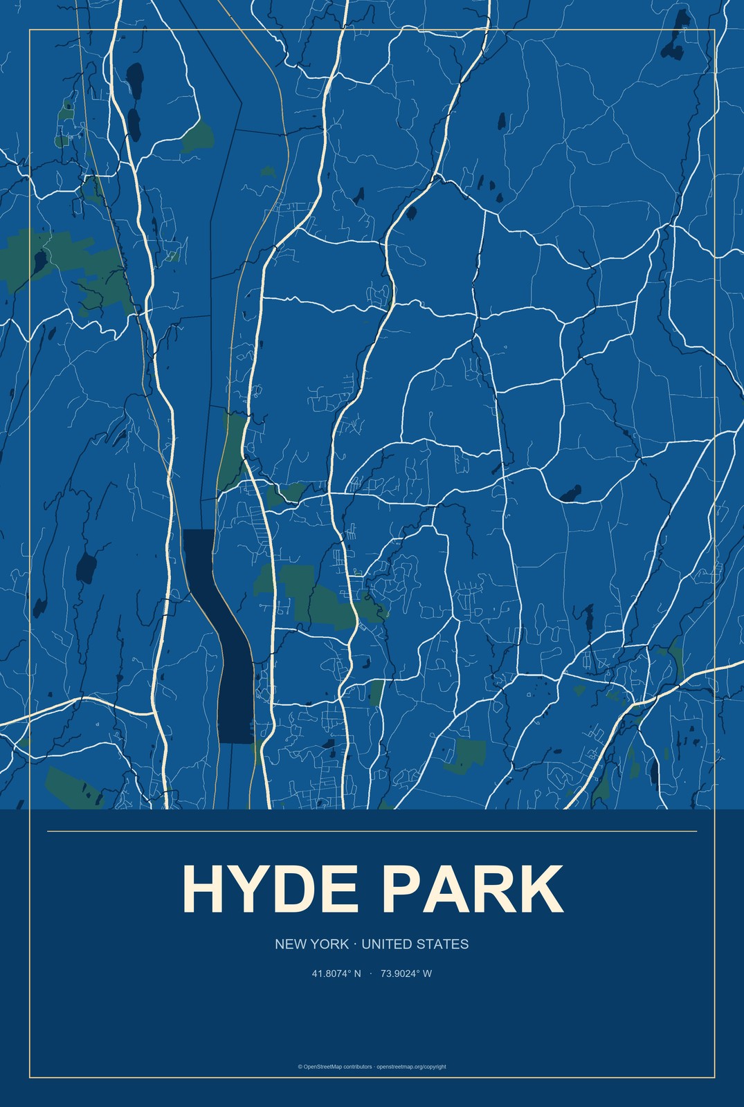 Hyde Park, New York City Map Aluminum Sign in Harbor Cobalt style