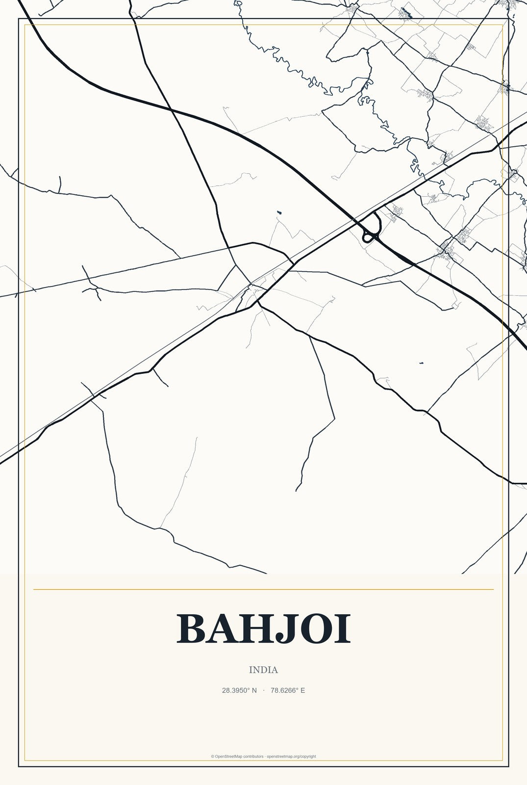 Bahjoi, India City Map Aluminum Sign in Citrine Modern style