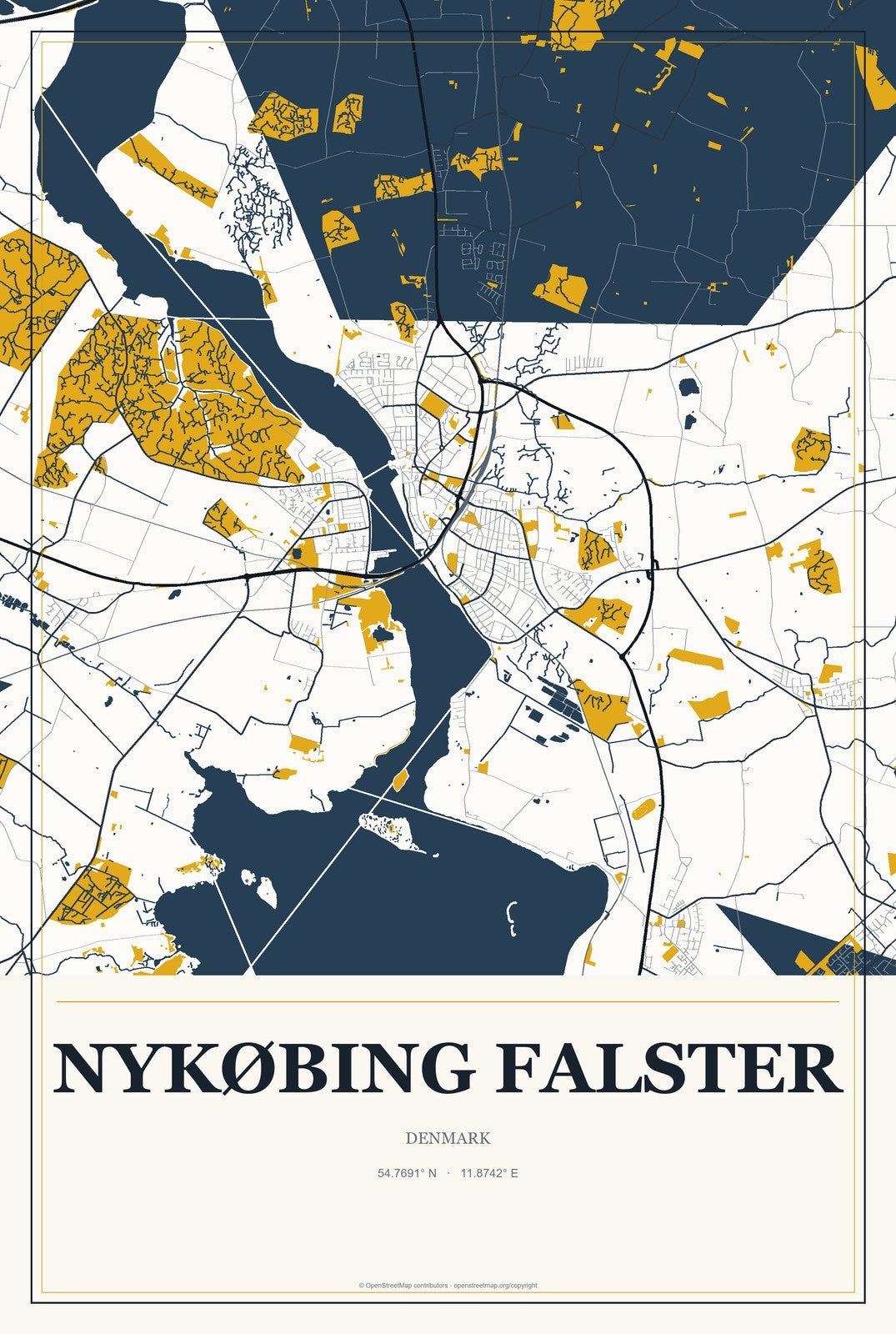 Nykøbing Falster, Denmark City Map Aluminum Sign in Citrine Modern style
