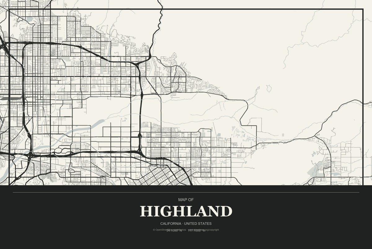 Highland, California City Map Aluminum Sign in Museum Plaque style