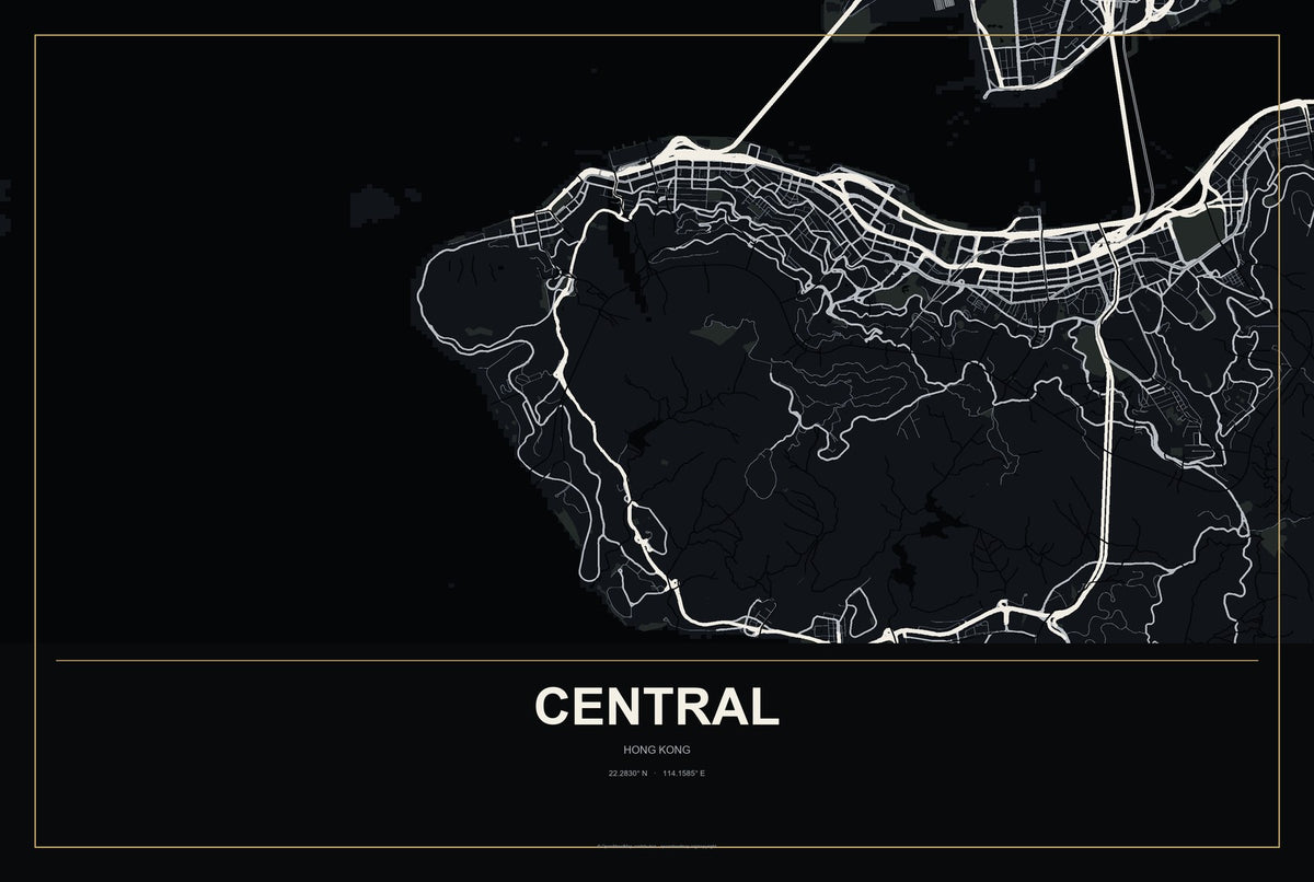 Central, Hong Kong City Map Aluminum Sign in Metropolitan Noir style