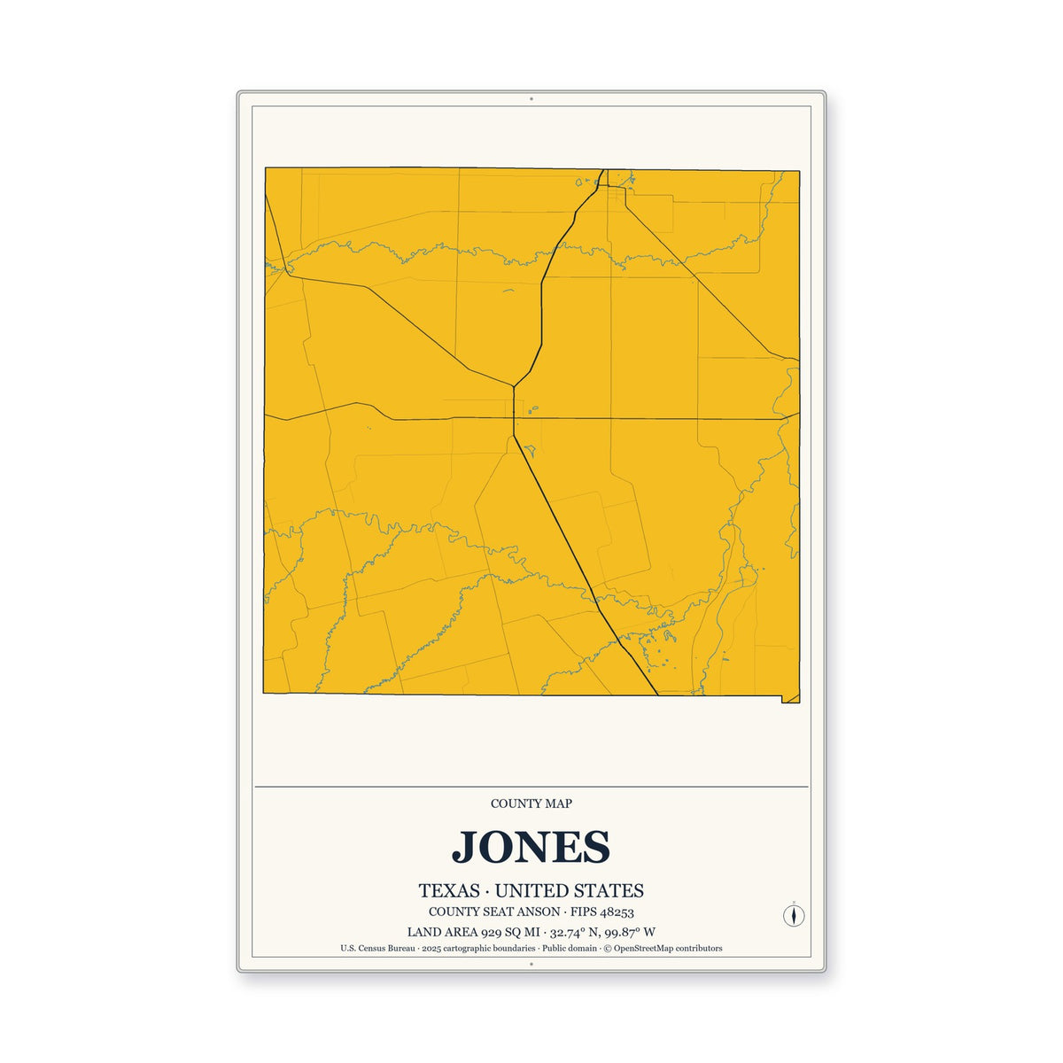 Jones County, Texas Map Aluminum Sign in Citrine Modern style