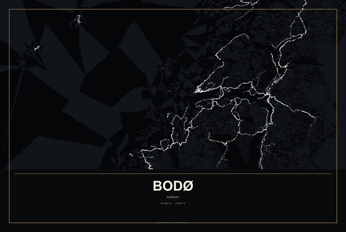 Bodø, Norway City Map Aluminum Sign in Metropolitan Noir style