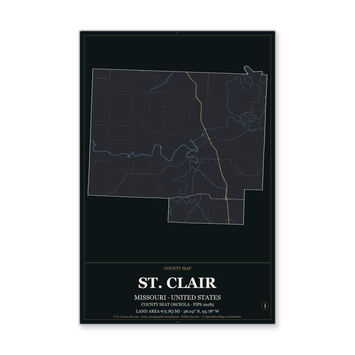 St. Clair County, Missouri Map Aluminum Sign in Metropolitan Noir style