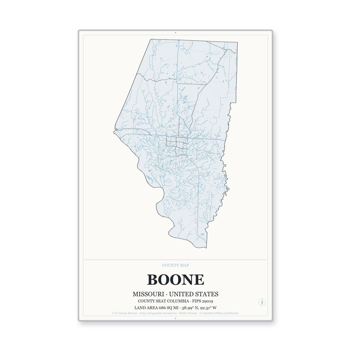 Boone County, Missouri Map Aluminum Sign in Gallery Air style