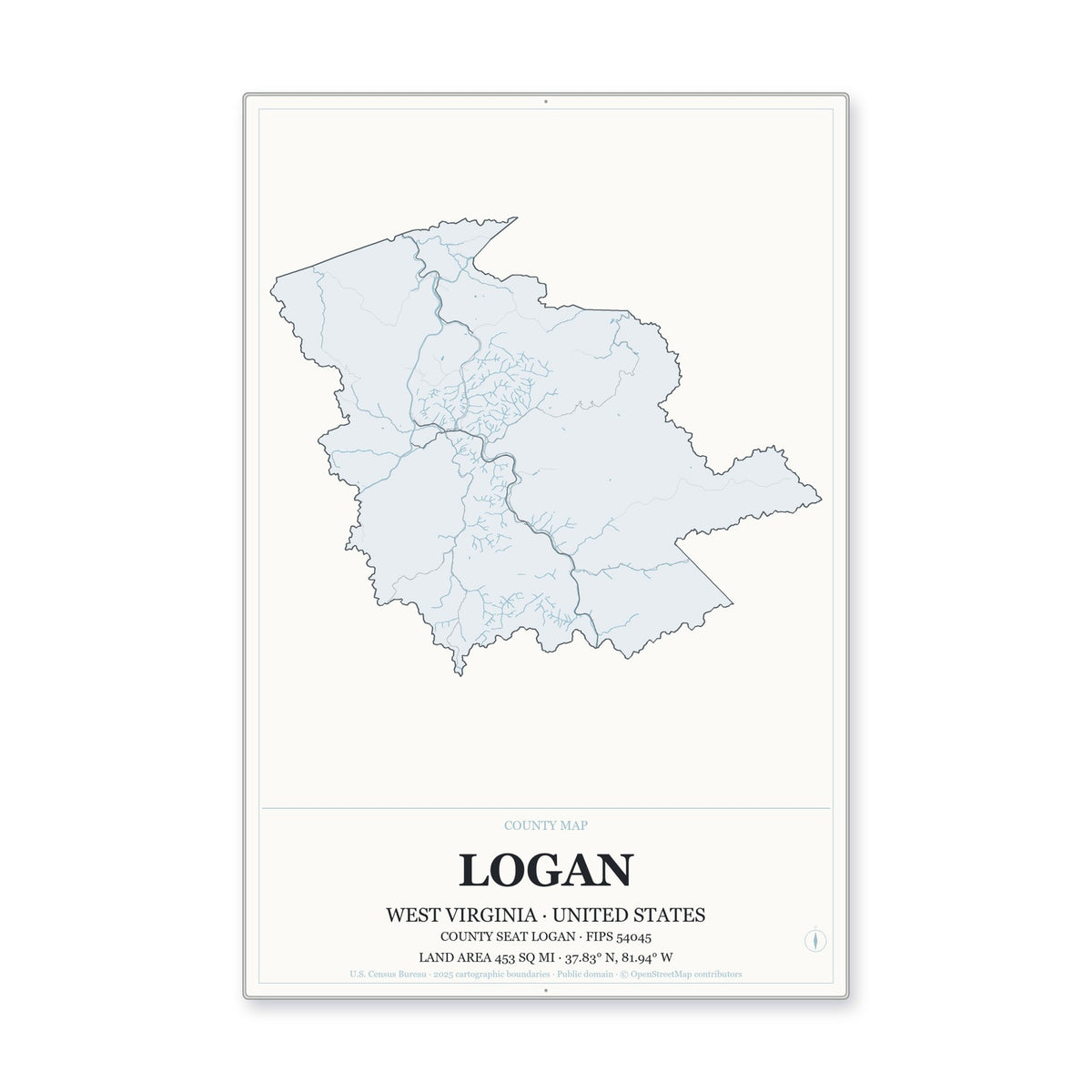 Logan County, West Virginia Map Aluminum Sign in Gallery Air style