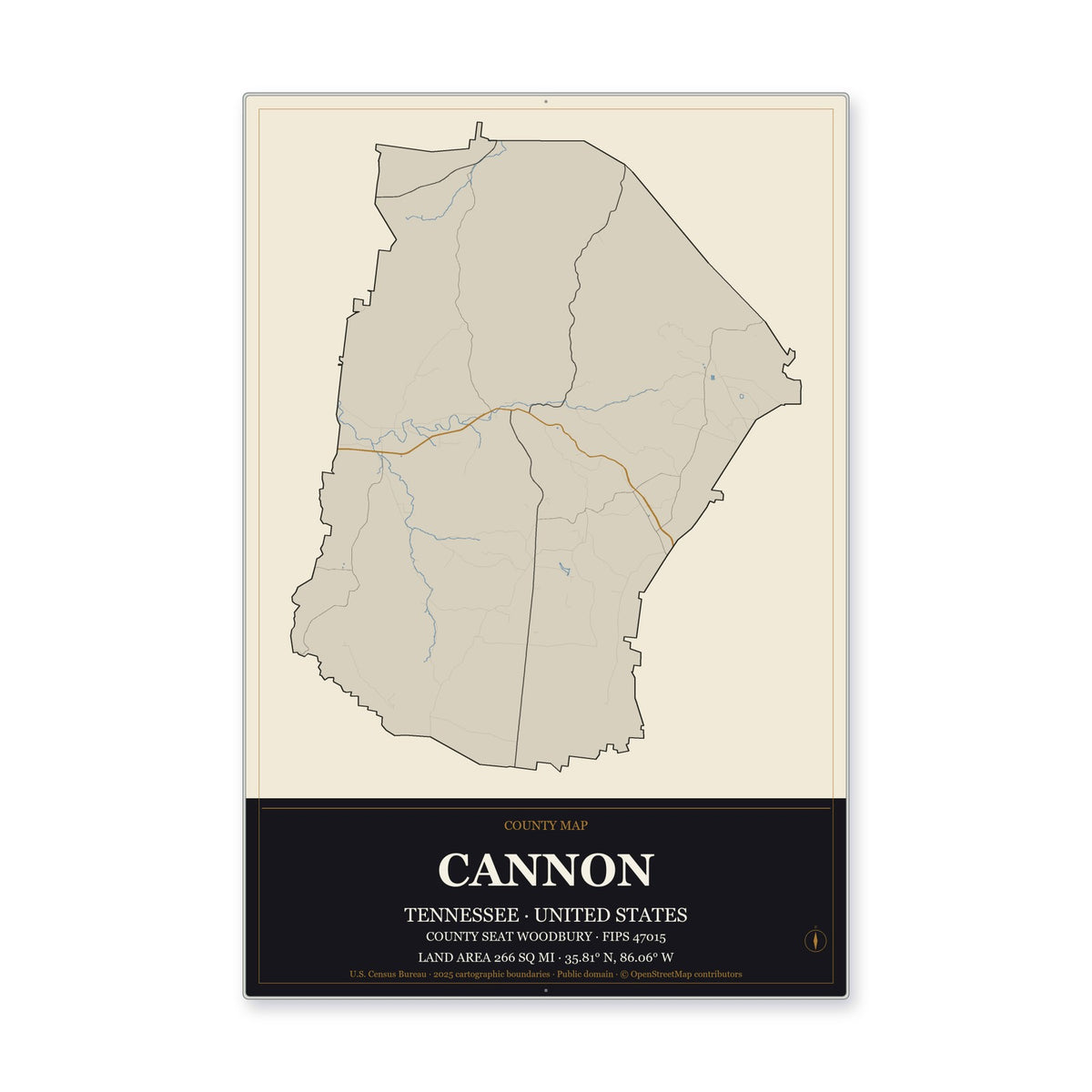 Cannon County, Tennessee Map Aluminum Sign in Museum Plaque style