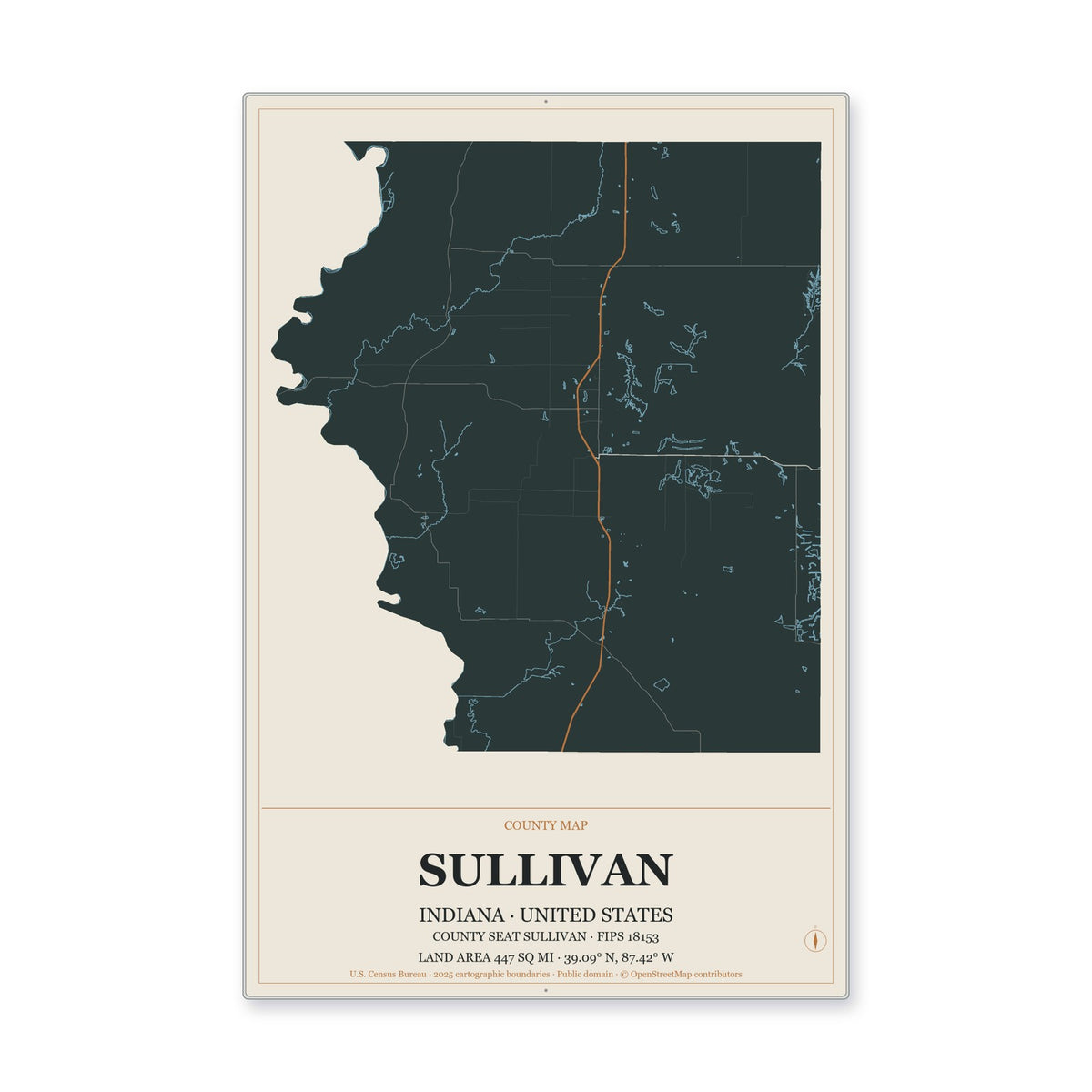 Sullivan County, Indiana Map Aluminum Sign in Headline Atlas style
