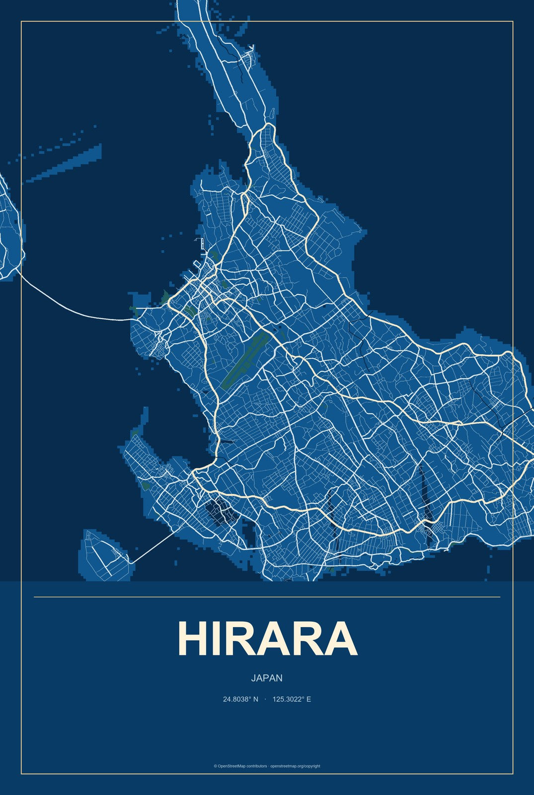 Hirara, Japan City Map Aluminum Sign in Harbor Cobalt style