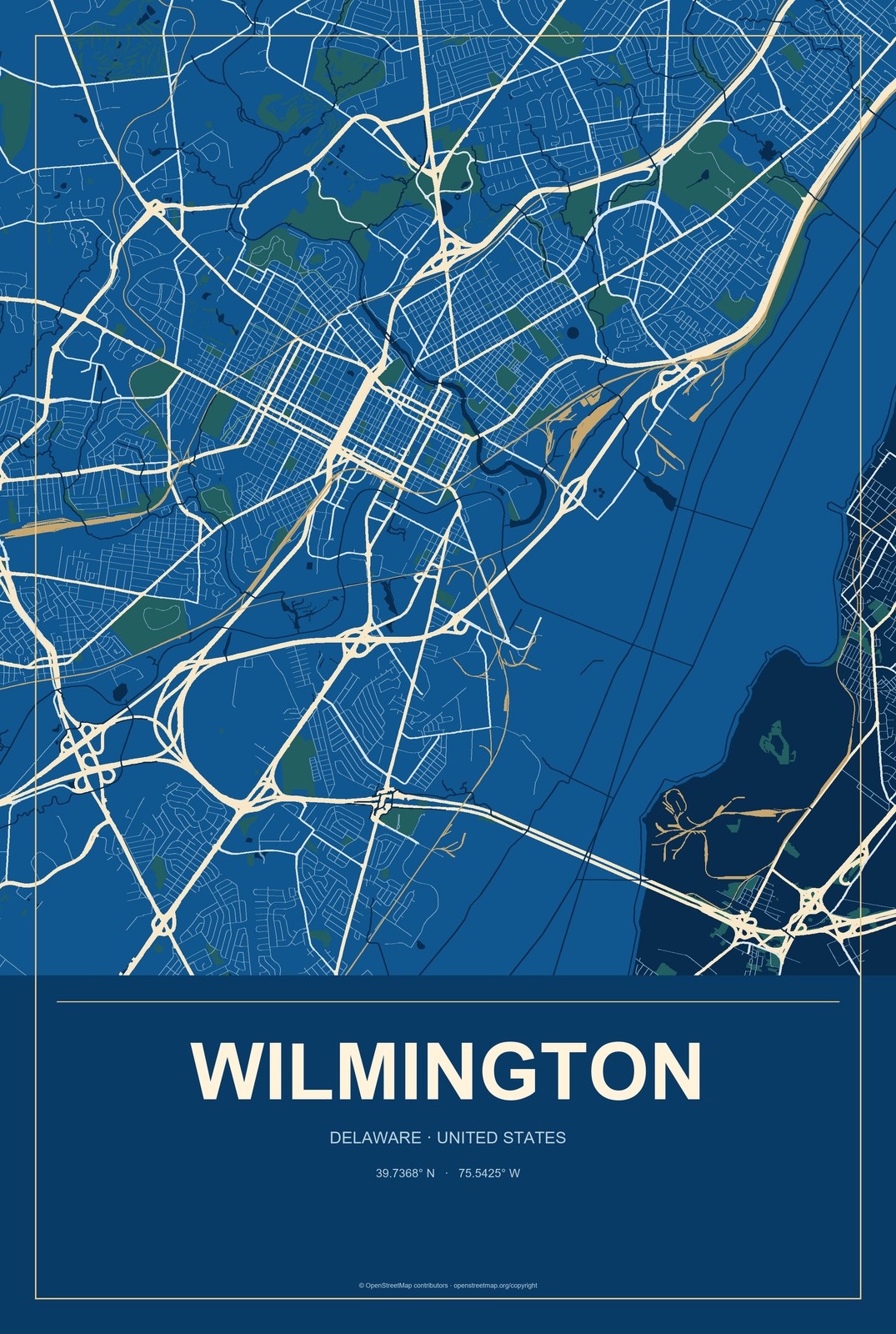 Wilmington, Delaware City Map Aluminum Sign in Harbor Cobalt style