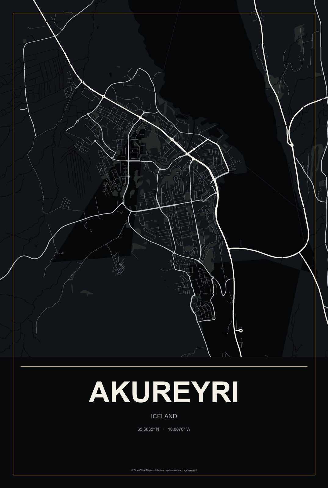 Akureyri, Iceland City Map Aluminum Sign in Metropolitan Noir style