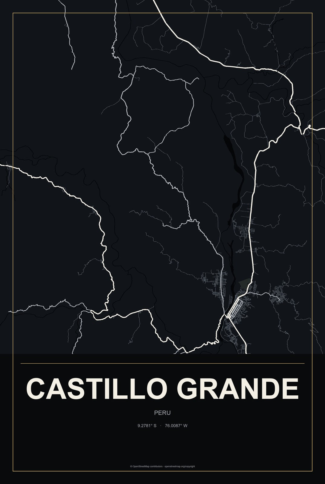 Castillo Grande, Peru City Map Aluminum Sign in Metropolitan Noir style