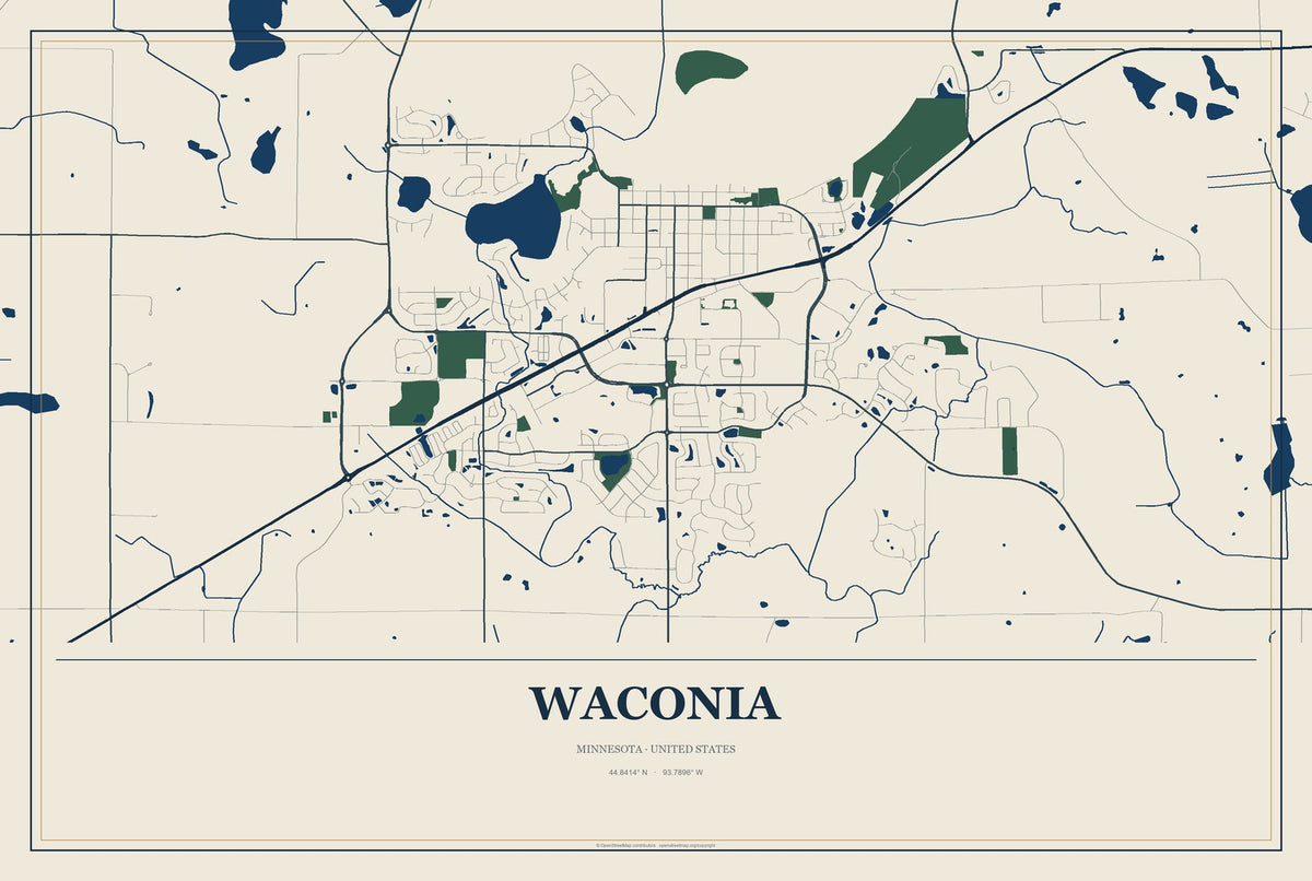 Waconia, Minnesota City Map Aluminum Sign in Coastal Cutout style