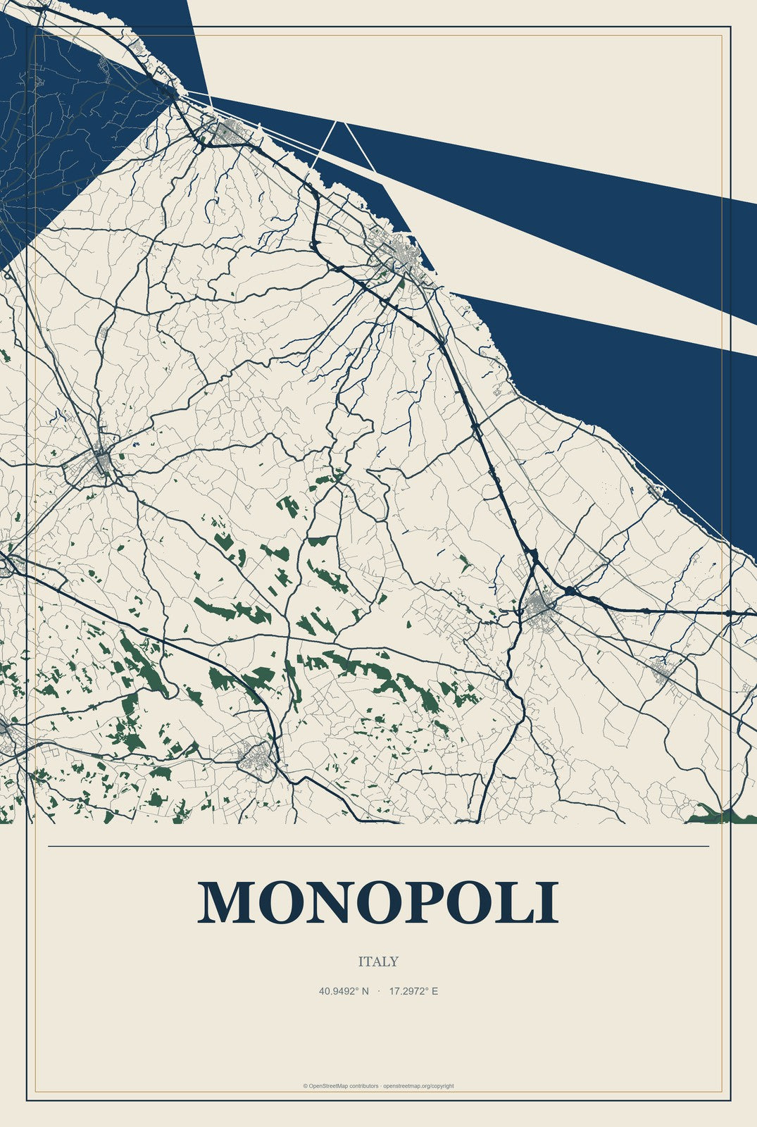 Monopoli, Italy City Map Aluminum Sign in Coastal Cutout style