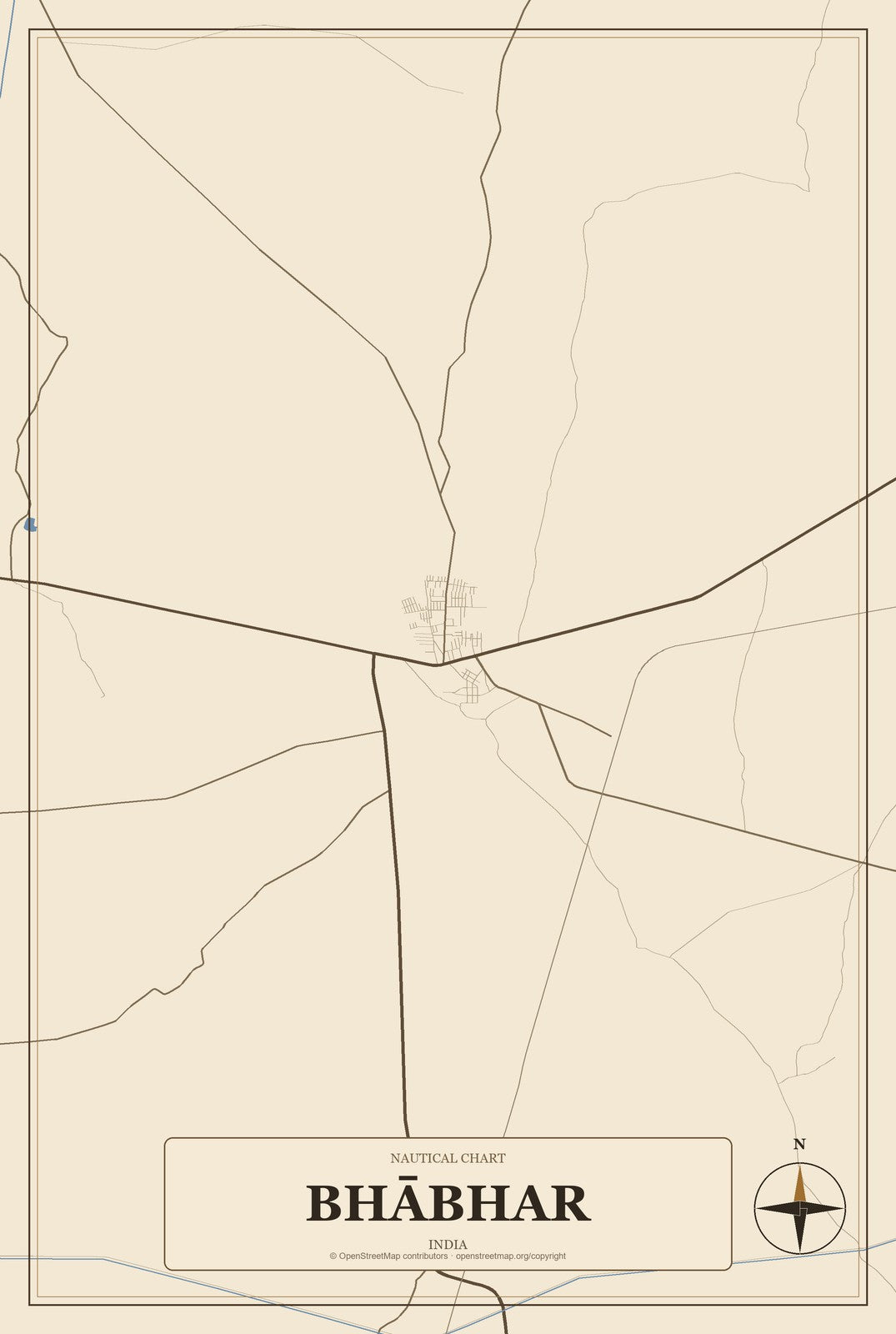 Bhābhar, India City Map Aluminum Sign in Heritage Nautical style