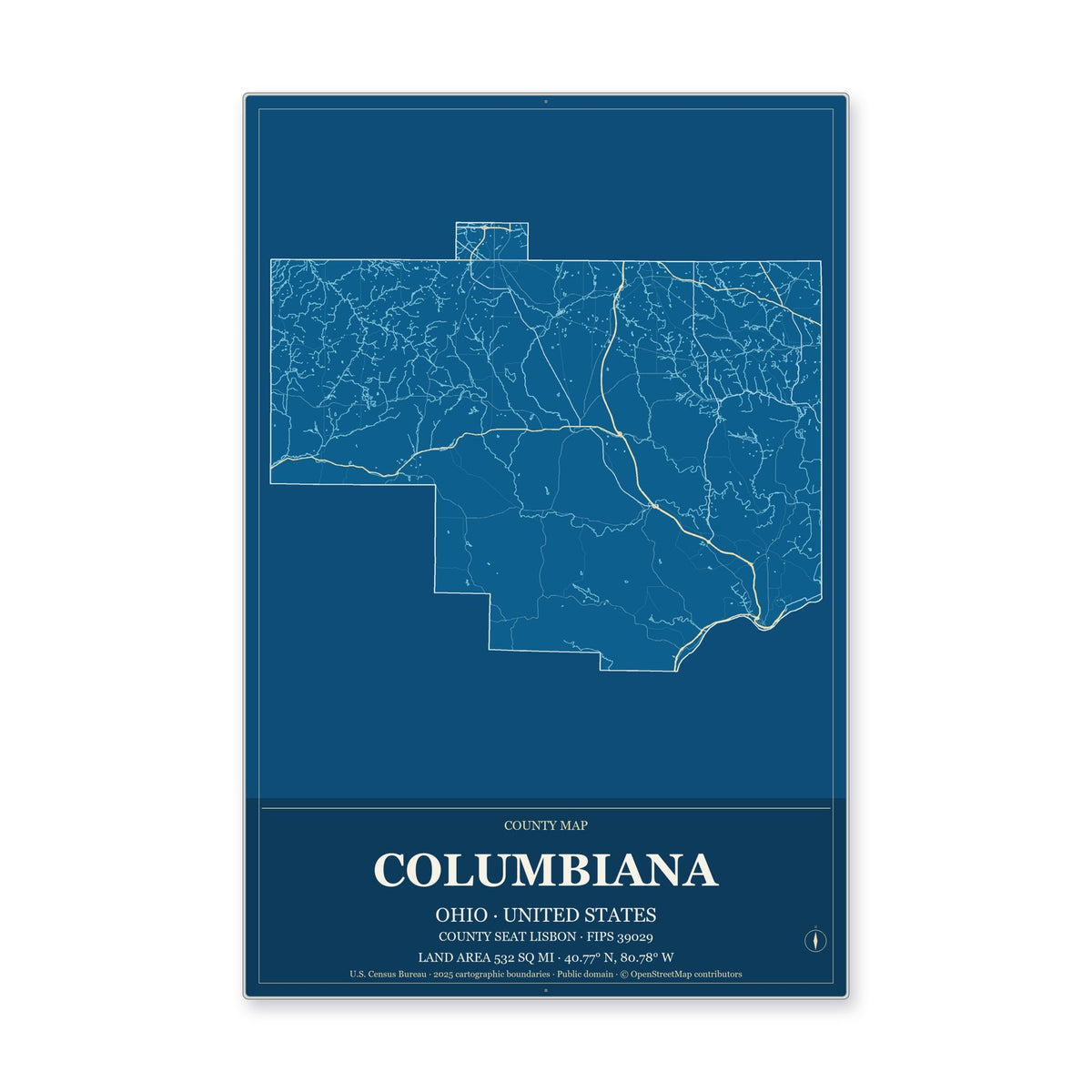 Columbiana County, Ohio Map Aluminum Sign in Harbor Cobalt style