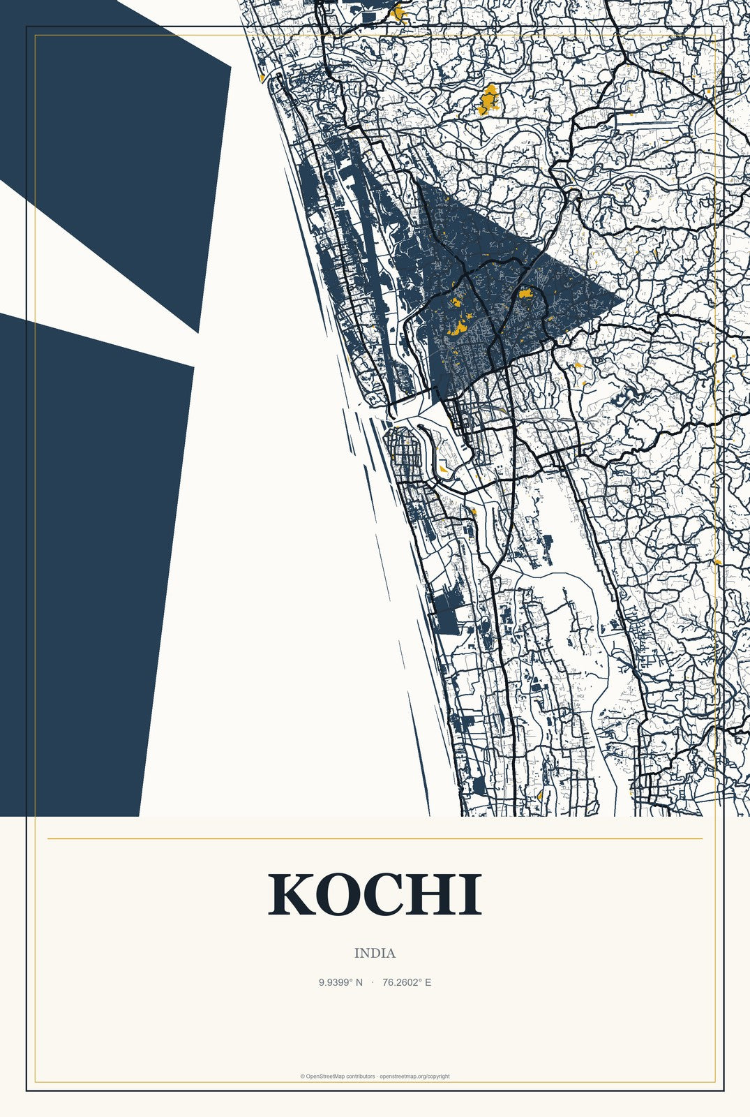 Kochi, India City Map Aluminum Sign in Citrine Modern style